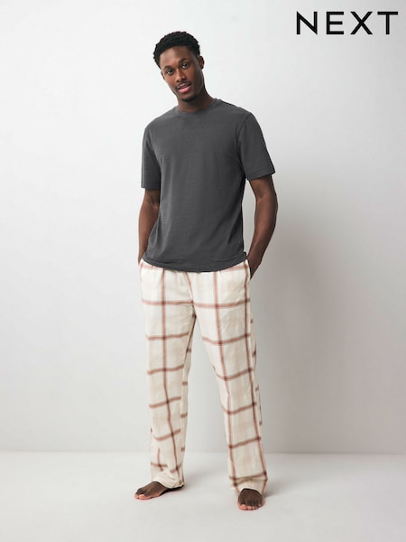 Neutral/Black Woven Check Short Sleeve 100% Cotton Pyjamas Set (AB1283) | €34