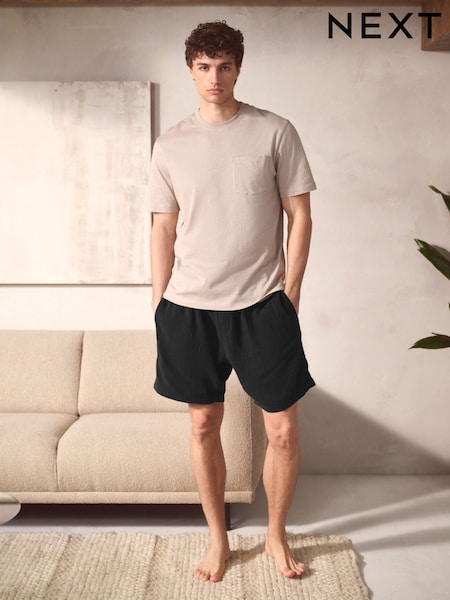 Black/Neutral Brown - 100% Cotton Short Sleeve T-Shirt With Cheesecloth Texture Shorts (AB1289) | ‏148 ر.ق.