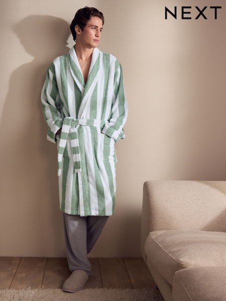 Sage Green Stripe Cotton Towelling Dressing Gown (AB1294) | AZN 101
