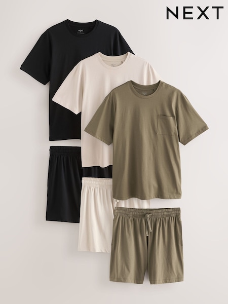 Black/Khaki Green/Ecru Jersey Pyjamas Shorts Set 3 Pack (AB1298) | €63