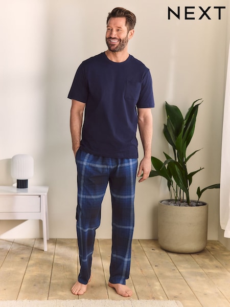 Bleumarin albastru - Set de pijama cu mânecă scurtă în carouri (AB1404) | 162 LEI