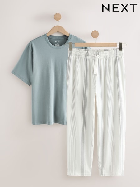 Grey/Sage Green Stripe Short Sleeve Jersey Pyjamas Set (AB1407) | €26