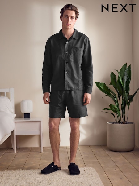 Black Linen Cotton Blend Shorts Pyjamas Set (AB1421) | €51