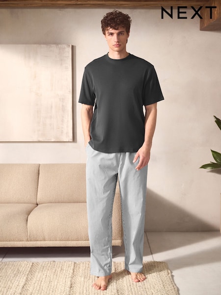 Slate Grey Stripe Woven Striped Short Sleeve Pyjamas Set (AB1429) | €37