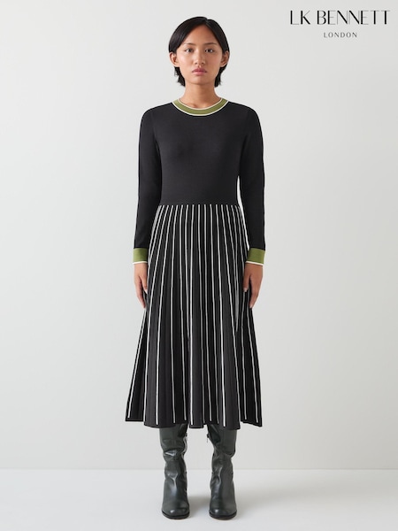 LK Bennett Fara Petite Black/Green Contrast Detail Long Sleeve Knitted Dress (AB1506) | 233 €