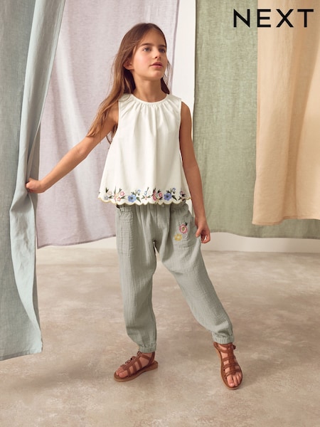 Khaki Green 100% Cotton Embroidered Top and Trousers Set (3-16yrs) (AB1570) | €44 - €51
