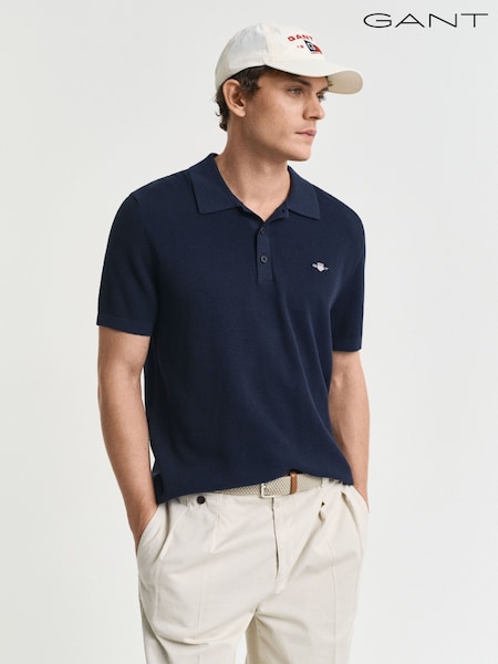 GANT Navy 100% Cotton Short Sleeve Micro Textured Polo Shirt (AB1672) | €154