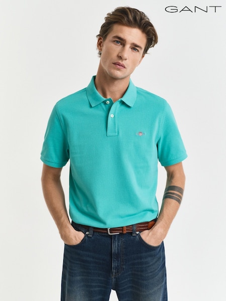 فيروزى - GANT 100% Cotton Regular Short Sleeve Shield Logo Pique Polo Shirt (AB1691) | ‏460 د.إ.‏