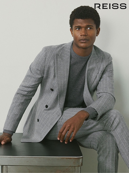 Reiss Soft Grey Lab Double-Breasted Blazer in Wool-Blend Pinstripe (AB1721) | €470