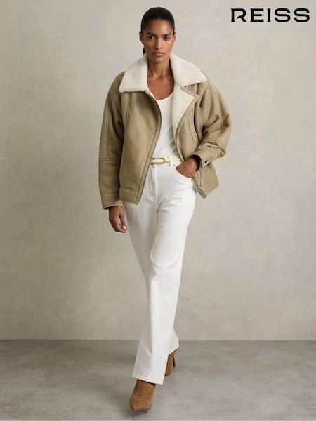 Reiss Light Green Mona Shearling-Lined Leather Aviator Jacket (AB1752) | AED10,066