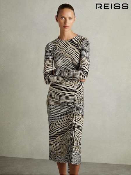 Negru/Oliv - Reiss Riyo Printed Ruched Midi Rochie (AB1757) | 1,221 LEI
