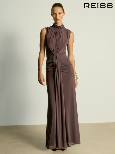 Reiss Taupe Daniella Sheer Ruched Maxi Dress (AB1762) | $350
