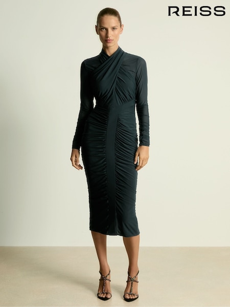 Reiss Teal Myla Ruched Bodycon Midi Dress (AB1770) | €80