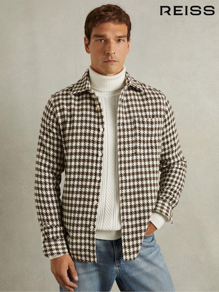 Reiss White/Brown Zonda Dogtooth Overshirt with Wool (AB1789) | €215