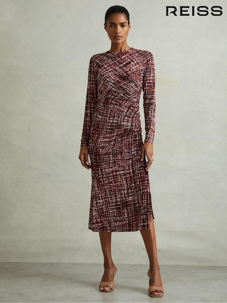 Reiss Red Riyo Printed Ruched Midi Dress (AB2010) | €225