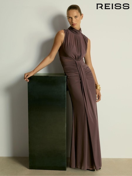 Reiss Taupe Daniella Petite Sheer Ruched Maxi Dress (AB2012) | €285