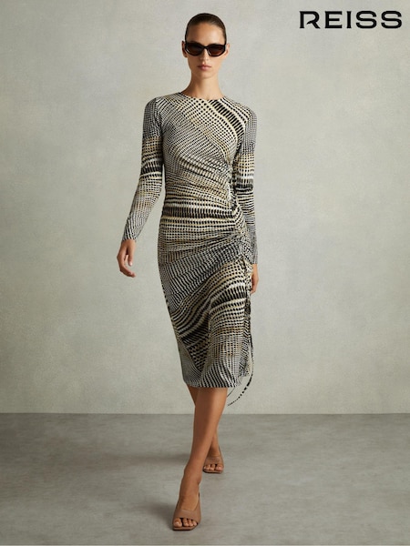 Reiss Black/Olive Riyo Printed Ruched Midi Dress (AB2021) | $267