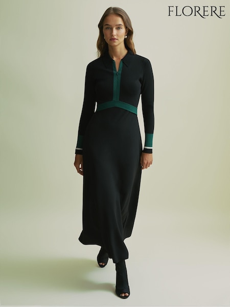 Florere Hybrid Knit Zip-Front Midi Black Dress (AB2028) | 980 QAR
