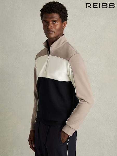 Marineblau/Taupe - Reiss Katoon Interlock Colour-Block Half-Zip Sweatshirt (AB2036) | 196 €