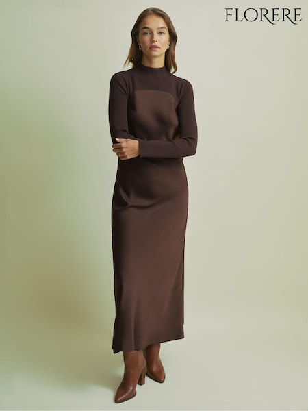Florere Hybrid Knit Midi Chocolate Dress (AB2046) | 980 QAR