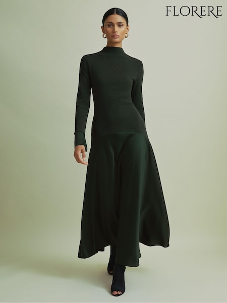 Темно-зеленый - Florere Hybrid Knit-Satin Midi Dress (AB2071) | €262