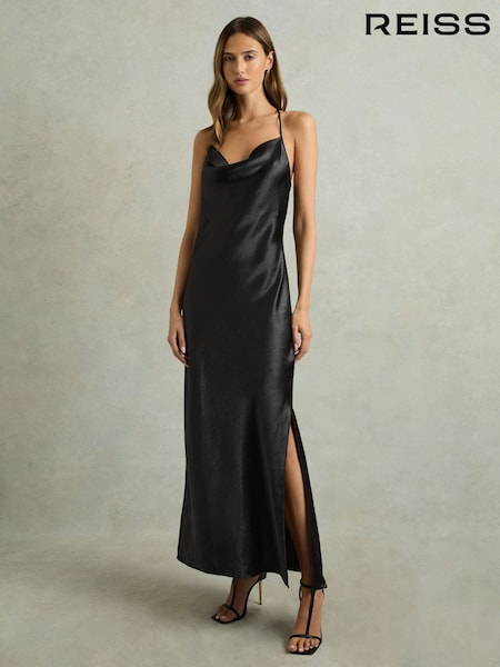 Reiss Charcoal Paisley Satin Cowl-Neck Slip Dress (AB2074) | $280