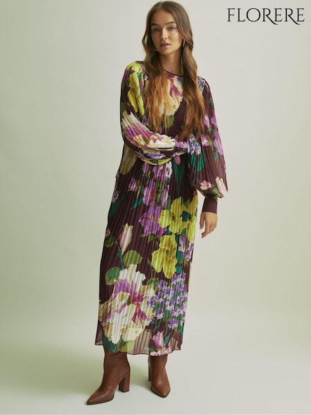 Florere Pleated Blouson Sleeve Midi Dress (AB2085) | €312