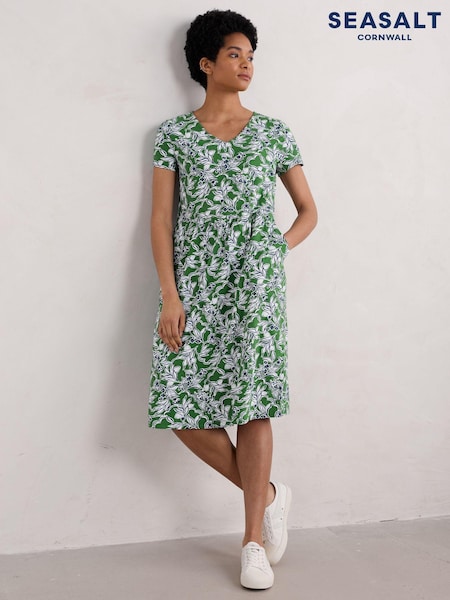 Seasalt Cornwall Green Brush Drawing V-Neck Jersey Dress (AB2111) | €38