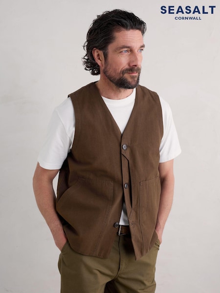 Seasalt Cornwall Brown Mens Cotton Metern Waistcoat (AB2204) | €95
