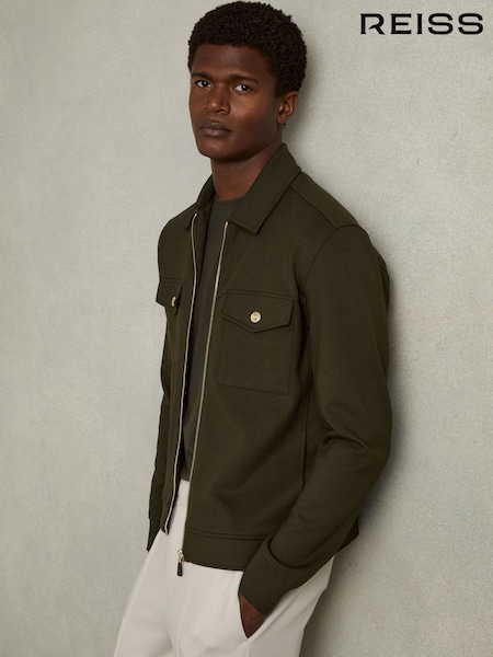 Reiss Forest Green Medina Interlock Jersey Zip-Through Overshirt (AB2280) | AED1,210