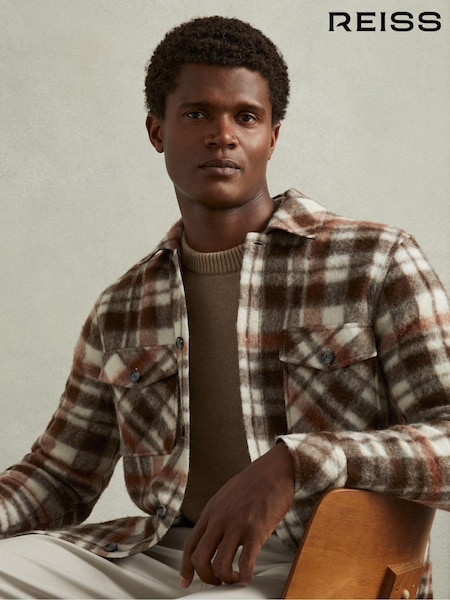 Reiss Brown Wade Patch-Pocket Checked Overshirt (AB2284) | €244