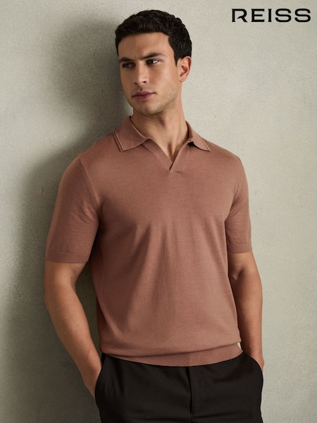 Reiss Dusty Blush Pink Duchie Merino Wool Open Collar Polo Shirt (AB2290) | $180