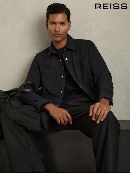 Reiss Navy Fitzroy Brushed Corduroy Press-Stud Overshirt (AB2302) | €210