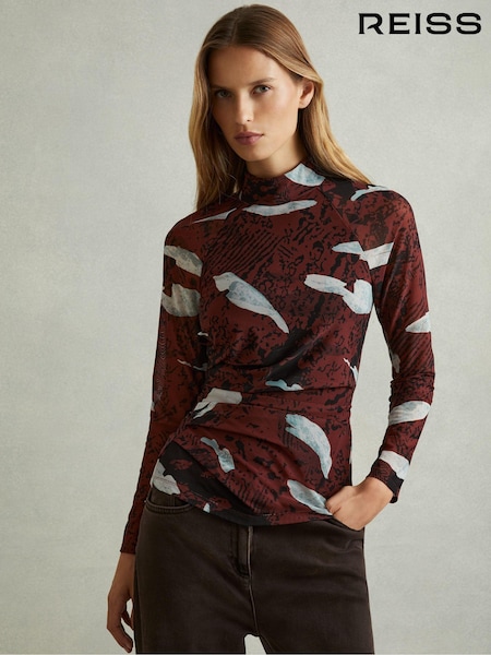 Reiss Burgundy Vanna Printed Ruched Top (AB2314) | €195