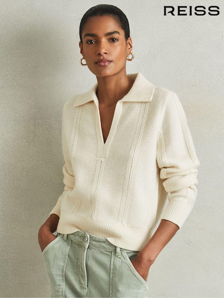 Кремовый - Reiss Jessy Wool-Cashmere Cropped Open-Collar Jumper (AB2317) | €210