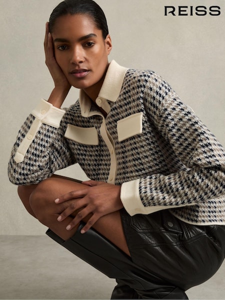 Reiss Navy/Camel Margot Wool-Cashmere Houndstooth Cardigan (AB2322) | €142