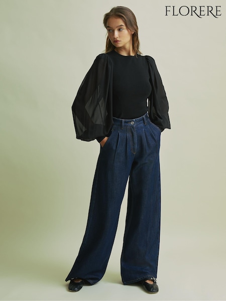 Florere Hybrid Knit Sheer Sleeve Black Top (AB2323) | €233