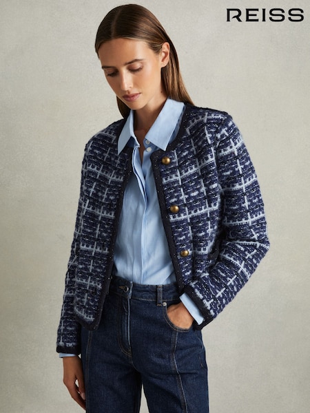 Reiss Blue Felicity Tweed-Effect Cardigan with Merino (AB2331) | €301