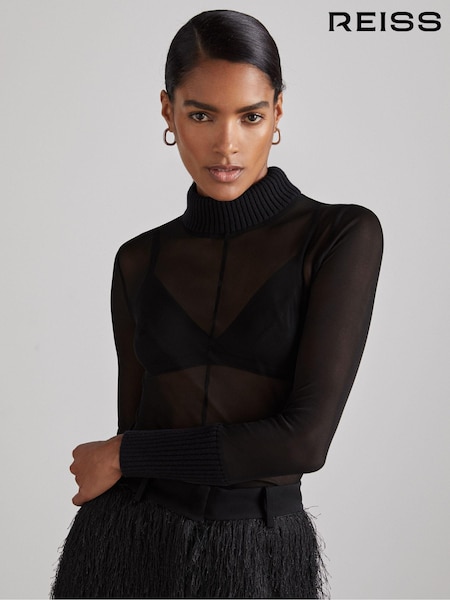 Reiss Black Amber Atelier Sheer-Jersey Funnel-Neck Top (AB2346) | €168