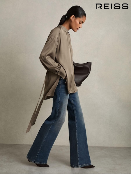 חום-אפרפר - Reiss Lina Woven High-neck Belted Blouse (AB2360) | ‏1,006‏₪