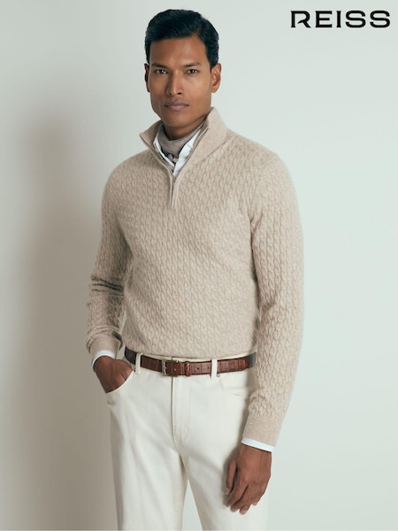 Reiss Oatmeal Melange Richmond Atelier Cabled Cashmere Zip Neck Jumper (AB2381) | R$ 2,450