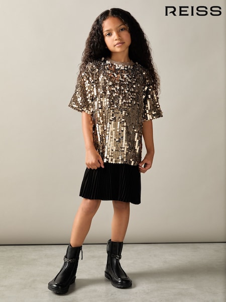 Reiss Gold Darcey 9-13 yrs Sequin T-Shirt Dress (AB2395) | AED583