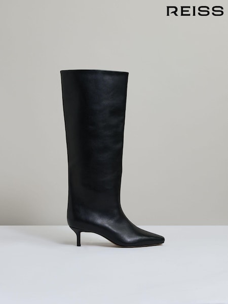 Reiss Black Monica Leather Kitten Heel Boots (AB2406) | 2,190 QAR