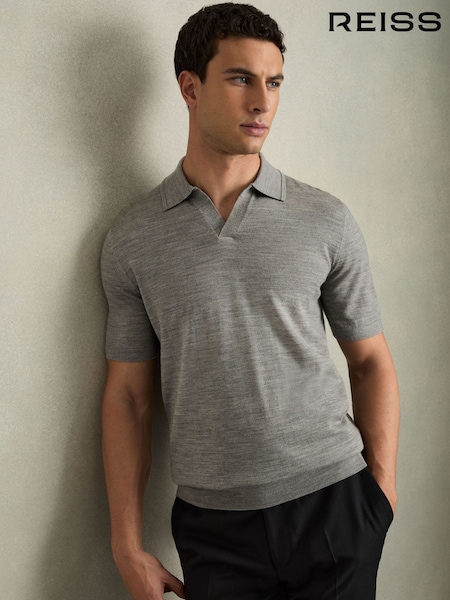 Reiss Warm Grey Melange Duchie Merino Wool Open Collar Polo Shirt (AB2432) | €134