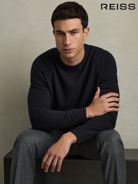 Reiss Navy Vince Wool Argyle Crew-Neck Jumper (AB2447) | €171