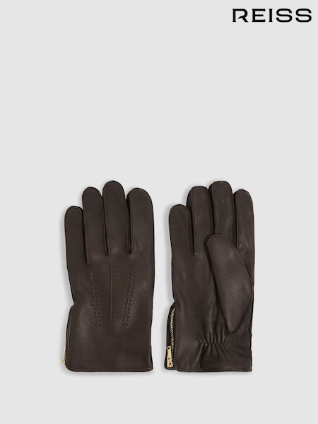 Reiss Dark Brown Iowa Leather Zip-Side Gloves (AB2467) | $194