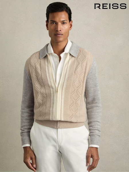 Ovsna ovsa/Bela - Reiss Tennant Wool Colourblock Zip-Through Cardigan (AB2487) | € 182