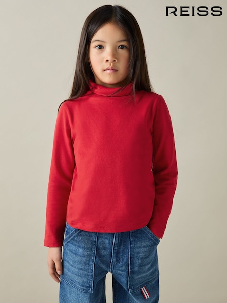Roșu - Bluză Reiss Carey cu Guler întors din jersey de bumbac cu Mulați/Elastici (AB2496) | 99 LEI