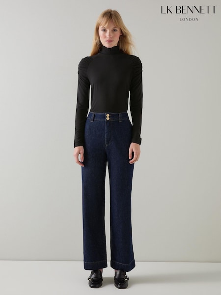 LK Bennett Black Lacey Gathered Shoulder Turtle Neck Jersey Top (AB2566) | 170 QAR