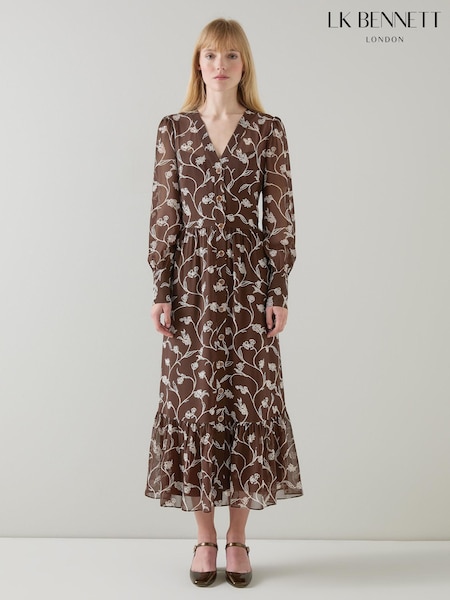 LK Bennett LK Bennett Brown Lucian Chocolate And Birch Sketchy Flower Print Tiered Dress (AB2567) | 1,374 LEI